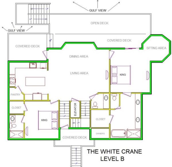 A level B layout view of Sand 'N Sea's beachfront house vacation rental in Galveston named The White Crane